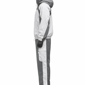 Ensemble coupe-vent gris et blanc à blocs de couleur, résistant à l'eau, à capuche, avec fermeture éclair, pour l'extérieur, toutes saisons, coupe classique - Product Image 2