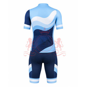 ชุดเสื้อเจอร์ซีย์ปั่นจักรยานและกางเกงขาสั้นสำหรับผู้ชาย สีน้ำเงิน ลายคลื่นสีขาว แขนสั้น ดีไซน์ซิปด้านหน้า สำหรับผู้ใหญ่ - Product Image 2