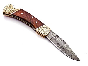 Cuchillo Plegable de Acero de Damasco con Mango de Palisandro y Funda de Cuero, ODM OEM, para Bolsillo, EDC, Caza, Camping, Grado Industrial - Product Image 6