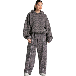 Ensemble de survêtement 2 pièces pour femme en molleton 100% coton, imprimé léopard graphite avec passepoil, à capuche, décontracté, hiver, écologique, qualité supérieure - Product Image 1