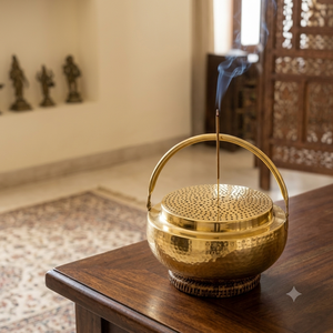 Brûleur d'encens en laiton Dhoop Dani avec poignée, pot à parfum, support à charbon Bakhoor, couvercle perforé, récipient brûleur de charbon en laiton - Product Image 4