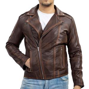 Nouvelle veste en cuir véritable pour homme, style motard urbain, col montant, fermeture éclair asymétrique, revers cirés à la main, marron - Product Image 1