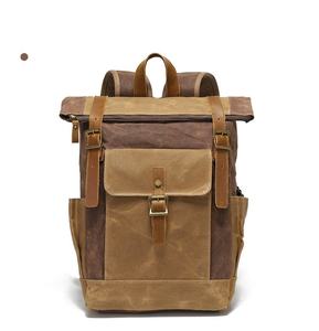 Grey Khaki Waxed Canvas <b>Backpack</b> Genuine Leather Straps Vintage Travel Daypack - Product Image 1