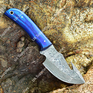 Cuchillo Skinner de Hoja Fija de Acero de Damasco Personalizado al por Mayor con Mango Estabilizado Azul, OEM ODM, para Caza, Camping, EDC, con Funda de Cuero - Product Image 2