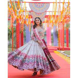 PARTY WEAR <b>BUTTER</b> SILK DIGITAL PRINT WORK LEHENGA CHOLI WITH DUPATTA WHITE - Product Image 1