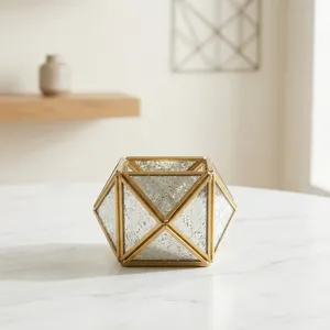 Artisan Design Handmade Geometric Brass Lantern Votive <b>Candle</b> <b>Holder</b> with <b>Mirrored</b> Glass Model VO906 for Home Wedding Decor Gift - Product Image 2