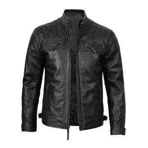 <b>Men's</b> Genuine Leather Moto <b>Jacket</b> Slim Fit Stand Collar Zipper Closure Windproof Black Moto Biker Style At Factory Price - Product Image 4