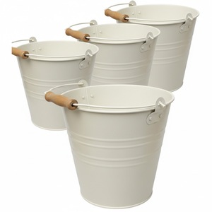 Seau en métal blanc avec poignées en bois, jardinières rustiques pour fleurs et plantes vertes, finition durable avec revêtement en poudre - Product Image 1
