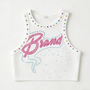Women Ribbed Crop Tank <b>Top</b> Sleeveless Slim Fit Casual Vest With <b>Rhinestone</b> Design OEM Supplier - Product Image 1