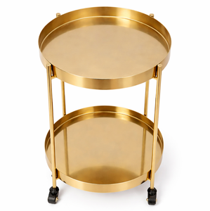 Carrito de Bar Redondo Dorado de Lujo, Carrito de Servicio Rodante de Dos Niveles, Bandeja Metálica, Mesa Auxiliar con Ruedas, Moderno, para Hogar, Hotel, Restaurante - Product Image 2