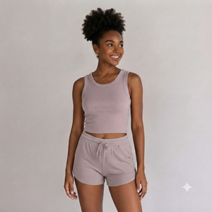 Conjunto de Dos Piezas para Mujer, Top Corto y Pantalones Cortos Acanalados, Cuello Redondo, Color Sólido, Estilo Casual de Verano para Uso Diario - Product Image 1