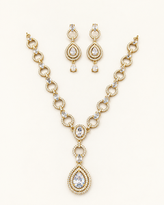 Oval <b>Link</b> Chain Necklace With Pear Drop Halo Pendant & Matching Earring Elegant American Diamond Jewelry Set for Women Wholesale - Product Image 3