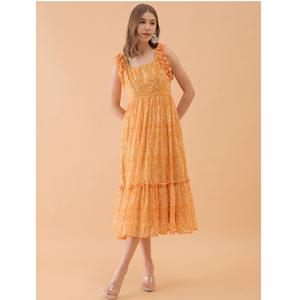 Yellow Floral Print Georgette Fit & Flare Midi Women <b>Dress</b> for Office Wear Formal Meeting Daily Wear Usage for Export Price - Product Image 1