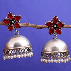 Factory Direct Red Stone <b>Oxidized</b> Silver Jhumka Earrings Handmade Pearl Drop Ethnic Traditional Indian Jewelry for Women - Product Image 3