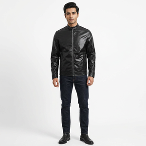 Chaqueta de Cuero Negra Personalizada para Hombre, con Cierre, Cuello Alto, Diseño Unisex, Chaqueta de Cuero Personalizable para Hombre - Product Image 4