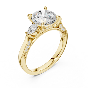 Bague de fiançailles en or jaune avec diamant de laboratoire rond, style vintage, trois pierres, pour femme - Product Image 4