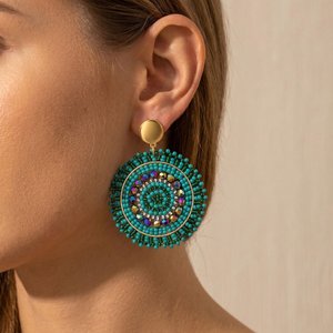 Boucles d'oreilles ovales bleues faites à la main avec perles, clous dorés, cercle concentrique, fleur, bijoux de fête pour femmes, broderie artisanale, point de croix - Product Image 3