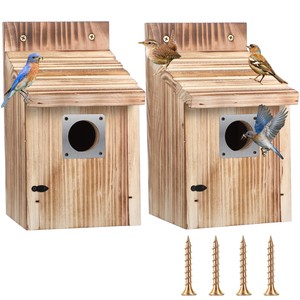 Handcrafted Acacia Wood Rectangle Birdhouse Set-Tabletop Installation Hand-Painted Botanical Design Wholesale - Product Image 6