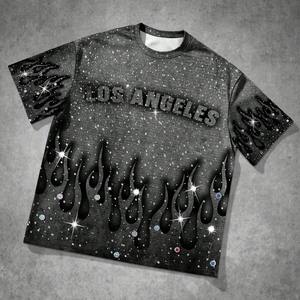 T-shirt personnalisé pour homme, coupe ample rétro, col rond, été, t-shirt scintillant avec strass, manches courtes - Product Image 1