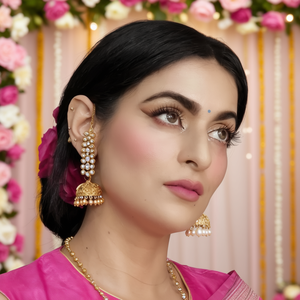 Trendy Matte Jhumka Earrings with Chain Stainless Steel and Alloy Diamond and Pearl Accents for Party and Wedding - Product Image 3