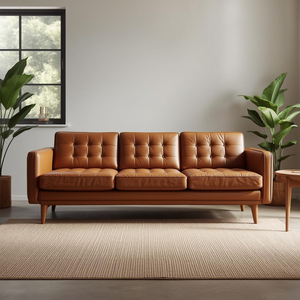 Sofá de Cuero Color Coñac de Estilo Moderno de Mediados de Siglo, 3 Plazas, Respaldo con Botones, Patas de Madera Maciza, Asientos de Lujo para Sala de Estar - Product Image 4