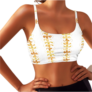 Soutien-gorge de sport côtelé à imprimé floral pour femme, col carré, bretelles en T, respirant, maintien élevé, extensible dans quatre directions, haut de yoga blanc et or - Product Image 1
