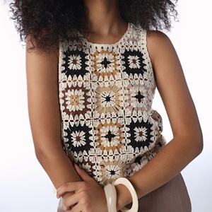 Débardeur en crochet pour femme, motif carré Granny Square, patchwork, tricoté sans manches, style bohème, couleur crème, fabricant de vêtements - Product Image 5