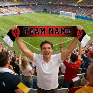 Écharpe de sport longue pour supporters de football avec design personnalisé (nom et photo), rouge, noir, blanc, bord frangé, en acrylique. - Product Image 2