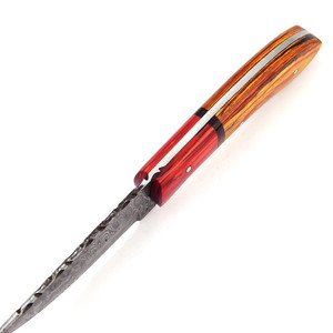 Couteau de chasse artisanal en acier Damas d'A&M Enterprises avec manche en bois rouge et orange et étui en cuir, utilitaire et professionnel - Product Image 3