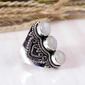 3-Stone Rainbow Moonstone Silver <b>Ring</b> Vintage Tribal Filigree <b>Statement</b> <b>Ring</b> Artisanal Beaded Edge Shield Design Authentic - Product Image 2