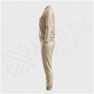 Ensemble de survêtement beige pour femmes, manches longues, fermeture éclair sur le devant, pantalon de jogging uni avec poches latérales, tenue d'automne - Product Image 3