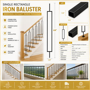EFS MTB03 Single Rectangle Iron Baluster 44 <b>Matte</b> Black <b>Floor</b> Mounted Stair Railings Handrail Spindle Modern Minimalist Design - Product Image 1