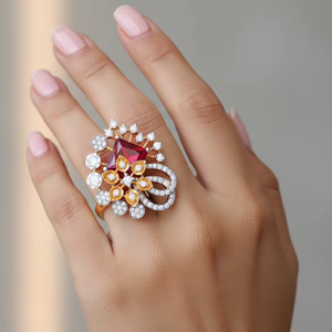 Bague élégante en or avec motif floral et pierre précieuse rouge rubis, bijoux pour occasions spéciales - Product Image 1