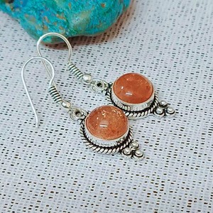 Boucles d'oreilles en pierre de soleil naturelle, argent sterling 925, bijoux en pierres précieuses faits à la main, cadeau pour femme, boucles d'oreilles promesse - Product Image 2