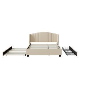 Letto matrimoniale imbottito con testiera a schienale alto e letto estraibile singolo, 2 cassetti, in tessuto di lino, non richiede rete a molle - Product Image 6