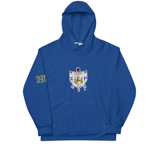 เสื้อฮู้ดปักลายสีน้ำเงินรอยัลพร้อมลายดาวสีทอง ดีไซน์ตัวอักษรกรีกอีพซิลอน พาย เสื้อสเวตเตอร์มีฮู้ดผ้าฟลีซสำหรับผู้หญิง - Product Image 1