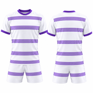 Ensemble de maillot de rugby rayé blanc et violet personnalisé par sublimation, respirant, à manches courtes, avec logo et design de couleur personnalisés - Product Image 1