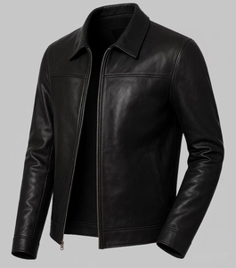 Chaqueta de Motociclista de Cuero Genuino Negro para Hombre, Cuello Camisero, Cierre de Cremallera, Manga Regular, para Otoño - Product Image 4