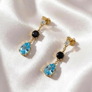 Natural Sky Blue Topaz Pear Drop Earrings With <b>Black</b> Obsidian Oval CZ Accent Handmade Gemstone Jewelry Gift For Her - Product Image 1