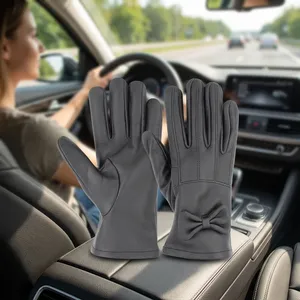 <b>Women</b> Gray Sheep Leather Wrist Length Driving Gloves With Bow Sweet Style Unlined <b>Thermal</b> For Winter Casual Daily Use - Product Image 2