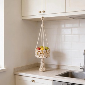 Cesta colgante de macramé para frutas, organizador de almacenamiento de tres niveles, ideal para encimera de cocina, elegante, que ahorra espacio y de uso decorativo - Product Image 5