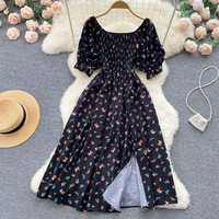 Gaun Wanita Grosir untuk Wanita Elegan Kustom Fashion O-neck Romantis Bermotif Bunga Rajutan Printing Belahan Panjang Puff Kasual