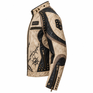 Real Cowhide Leather Motorcycle Jacket Mens Two Tone Beige Black <b>Studded</b> Punk Rock Dragon Skeleton Print Customized Rider Coats - Product Image 4