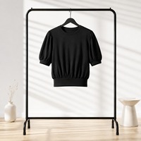 Haut de yoga pour femme, confortable, pour l'entraînement et le fitness, noir uni, manches bouffantes sur le devant, manches trois-quarts, sans couture