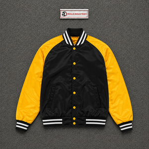 Blouson universitaire personnalisé noir et jaune en satin, blouson bomber de baseball brillant de qualité supérieure avec manches contrastées et bordures côtelées rayées, vente en gros - Product Image 5