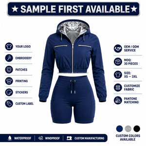Custom Printed Logo Girls Hooded Windbreaker Set Ripstop Polyester Fabric Side <b>Zip</b> Pocket Shorts Wholesale OEM Private Wear - Product Image 4