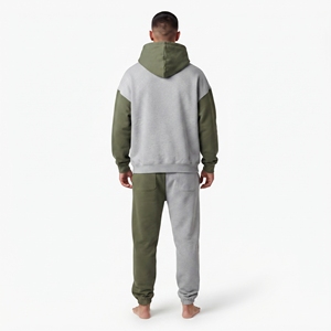 Ensemble décontracté de qualité supérieure pour homme en molleton de coton, comprenant un sweat à capuche oversize à épaules tombantes bicolore et un pantalon de jogging coupe décontractée à blocs de couleur - Product Image 2