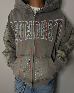 Sweat-shirt à capuche zippé unisexe entièrement personnalisé, style streetwear, 400 GSM, épais, décontracté, 100% coton, coupe oversize, avec strass - Product Image 2