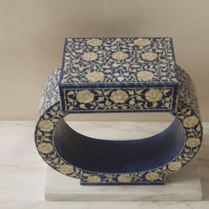 <b>Blue</b> Mother of Pearl Inlay Nightstand Carved End <b>Table</b> Decorative <b>Bedside</b> Cabinet Floral Pattern - Product Image 1