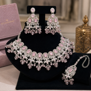 Parure de bijoux ethniques roses plaqués or avec zircon et cristal, collier, boucles d'oreilles et bague en argent pour mariage ou cadeau de fête - Product Image 1